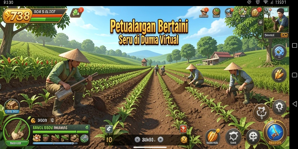 Tampilan gameplay 738SLOT yang menampilkan ladang subur dan alat pertanian.