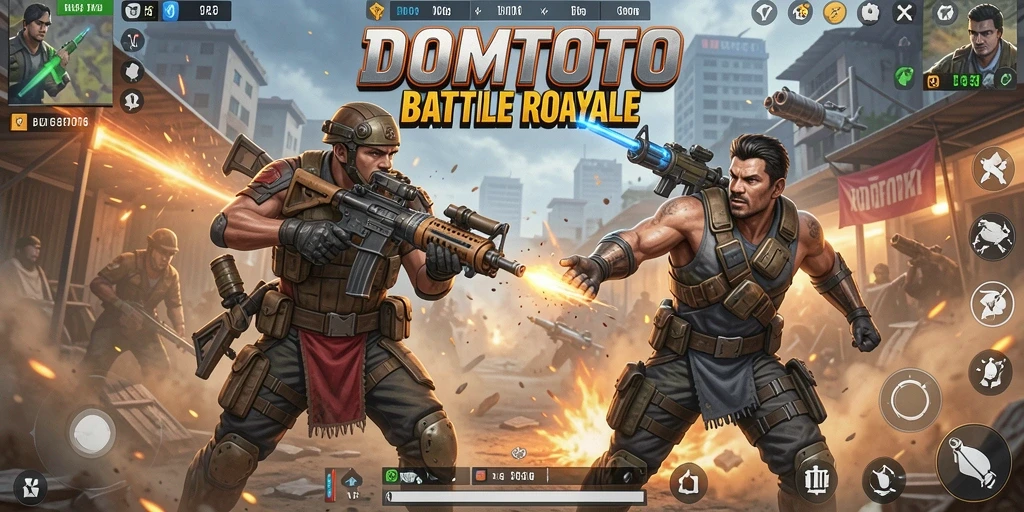 Screenshot gameplay DOMTOTO dengan aksi intens Battle Royale.