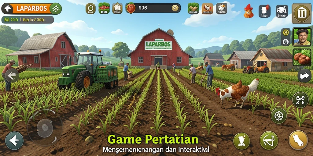 Tampilan screenshot utama LAPARBOS saat pemain mengelola ladang dan tanaman.