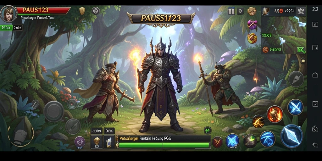Screenshot gameplay PAUS123 menampilkan pertempuran epik dan eksplorasi alam.